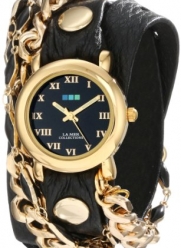 La Mer Collections Women's LMMULTI2016 Black Magic Leather Strap Black Enamel Chain 14k Gold-Plated Jewelry Chains Gold Circle Case Black Dial Watch