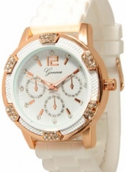 Women's White Rose Gold Chronograph Silicone with Crystal Rhinestones Bezel