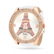 Bling Jewelry White Leather Womens Rose Gold Plated Pink Eiffel Tower Watch
