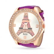 Bling Jewelry Purple Leather Womens Pink Crystal Eiffel Tower Stainless Steel Back Watch
