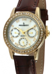 Peugeot Women's 3025 Gold-Tone Swarovski Crystal Accented Multi-Function Brown Leather Strap Watch