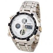 Men's Analog & LED Dual Cores Stainless Steel Band Waterproof Business Wrist Watch (White)