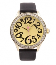 Womens Black Leather Band Dress Watch Large Face Gold Tone Dial Jade LeBaum - JB202867G