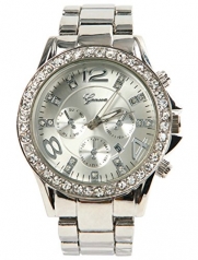 shot-in Geneva luxury alloy diamond watch with calendar (Silver)