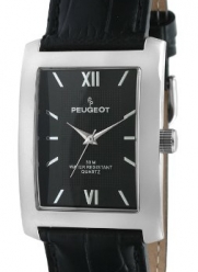 Peugeot Men's 2033BK Silver-Tone Black Leather Strap and Black Dial Watch