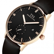 TSS Men's Black Dial Golden Hand Brown Leather Band Quartz Movement Wrist Watch