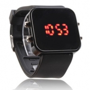 Unisex Jumbo Silicone Band Sports Square Mirror LED Wrist Watch - Black