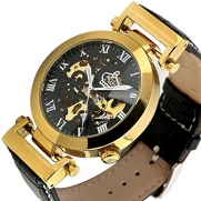 ESS Black Gold Golden Case Automatic Mechanical Black Leather Watch Mens Skeleton Luxury Classic WM337