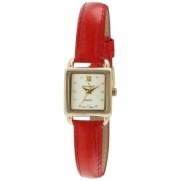 Peugeot 3034RD Ladies Mini Square Crystal Gold-tone Dial Red Leather Watch