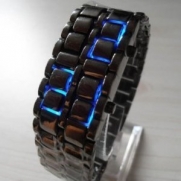 AQY Lava Style Iron Samurai Black Bracelet blue LED Watch with box