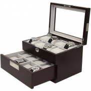 Watch Box Storage For 16 Large Watches Cherry Wood Finish with Engravable Stainless Steel Plate