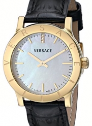Versace Women's VQA020000 Acron Diamond-Accented Gold-Plated Watch with Black Leather Band