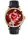 Quartz Watch Leather Classic Analog Round Gold Face Genuine Black Watches Present for Women Funny Design Fashion Accessory --- Red Heart with White Flowers