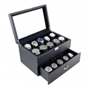 Carbon Fiber Pattern Glass Top Watch Case Display Storage Box Chest Holds 20 Watches With High Clearance for Larger Watches