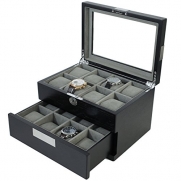 Watch Box Storage by Tech Swiss for 16 Large Watch Silver Plated Black Finish
