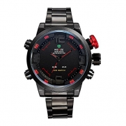 Mens LED Watch Dual Time Date Day Black Sport Military Metal Band Quartz Red Hands WH-152