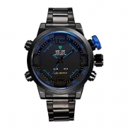 Mens Watch Army Military Sports Alarm Black Metal Band Dual Time LED Blue Hands WH-151