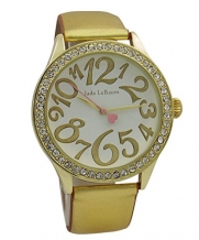 Womens Dress Watch Gold Tone Leather Strap White Dial Crystal Bezel Quartz Jade LeBaum - JB202866G