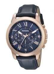 Fossil Men's FS4835 Grant Chronograph Leather Watch - Rose Gold-Tone and Blue