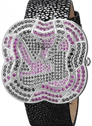 Swisstek SK47806L Limited Edition Swiss Black Diamond Watch With Pink Sapphires, Genuine Stingray Galuchat Strap And Sapphire Crystal