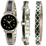 Anne Klein Women's AK/2052BKST Swarovski Crystal Accented Gold-Tone and Black Bangle Watch with Bracelet Set