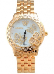 Geneva Butterfly Womens Rhinestone Mother of Pearl Stainless Steel Watch (Gold)