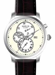 Hamlin Collection quartz movement, stainless steel, white dial, leather strap, chronograph, with date men's watch. Model number HAVM0702:001