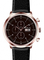 Hamlin Collection quartz movement, stainless steel, black dial, leather strap, chronograph, with day date men's watch. Model number HAVM070:006