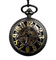 ShoppeWatch Pocket Watch Black Case Gold Arabic Numerals Steampunk Skeleton Dial Half Hunter PW-183