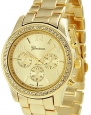 Geneva Chronograph Look Watch with Crystals..Gold Tone Metal Link