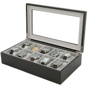 Watch Box for 10 Watches Black Matte Finish XL Extra Large Compartments Soft Cushions Clearance Window