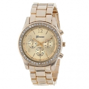 Chronograph Look with Crystals..Tone Metal Link (A Gold)