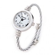 White Silver Cable Wire Band Women's Bangle Cuff Watch