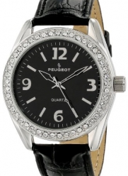 Peugeot Women's 3006BK Silver-Tone Swarovski Crystal Accented Black Leather Strap Watch
