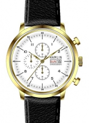 Hamlin Collection quartz movement, stainless steel, white dial, leather strap, chronograph, with day date men's watch. Model number HAVM0700:005