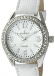Peugeot Women's Large Silver Case Swarovski Crystal White Thick Leather Band Dress Watch 3006WT