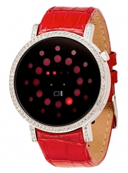 01TheOne Women's Odins Rage Crystal Accented Red LED Leather Watch #ORS502R1