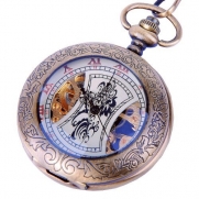 Skeleton Pocket Watch Chain Antique Look Mechanical Hand Wind Up Half Hunter Value Quality - PW14