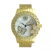 ShoppeWatch Womens Gold Watch Butterfly MOP Dial Metal Bracelet Crystal Rhinestone Accented Bezel - GOLD