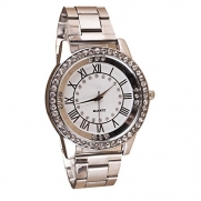 Men's Fashion Alloy Bracelet Roman Numerals Analog Quartz Wrist Watch with Rhinstone Decoration Dial (Silver)