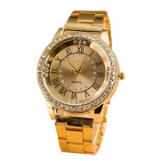 Men's Fashion Alloy Bracelet Roman Numerals Analog Quartz Wrist Watch with Rhinstone Decoration Dial (Gold)