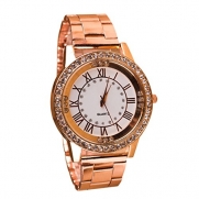 Men's Fashion Alloy Bracelet Roman Numerals Analog Quartz Wrist Watch with Rhinstone Decoration Dial (Rose Gold)