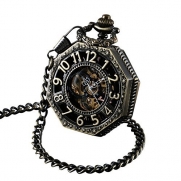 ShoppeWatch Pocket Watch with Chain Antique Gold Tone Octagon Case Steampunk Mechanical Movement PW-221