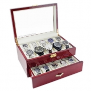 Rosewood Finish Watch Case Display Storage Box Chest With Glass Clear Viewing Top Holds 20 Watches