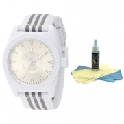 Adidas ADH2660 Men's Santiago Silver Dial White & Gray Stripe Fabric Strap Watch with 30ml Ultimate Watch Cleaning Kit
