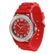 RED Silver Silicone Gel Band Crystal Bezel Women's Watch